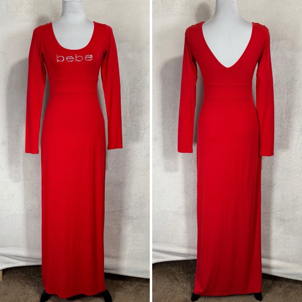 Bebe Long Sleeve Knit Maxi Dress Small Red Swarovski Crystal Rhinestone Logo USA